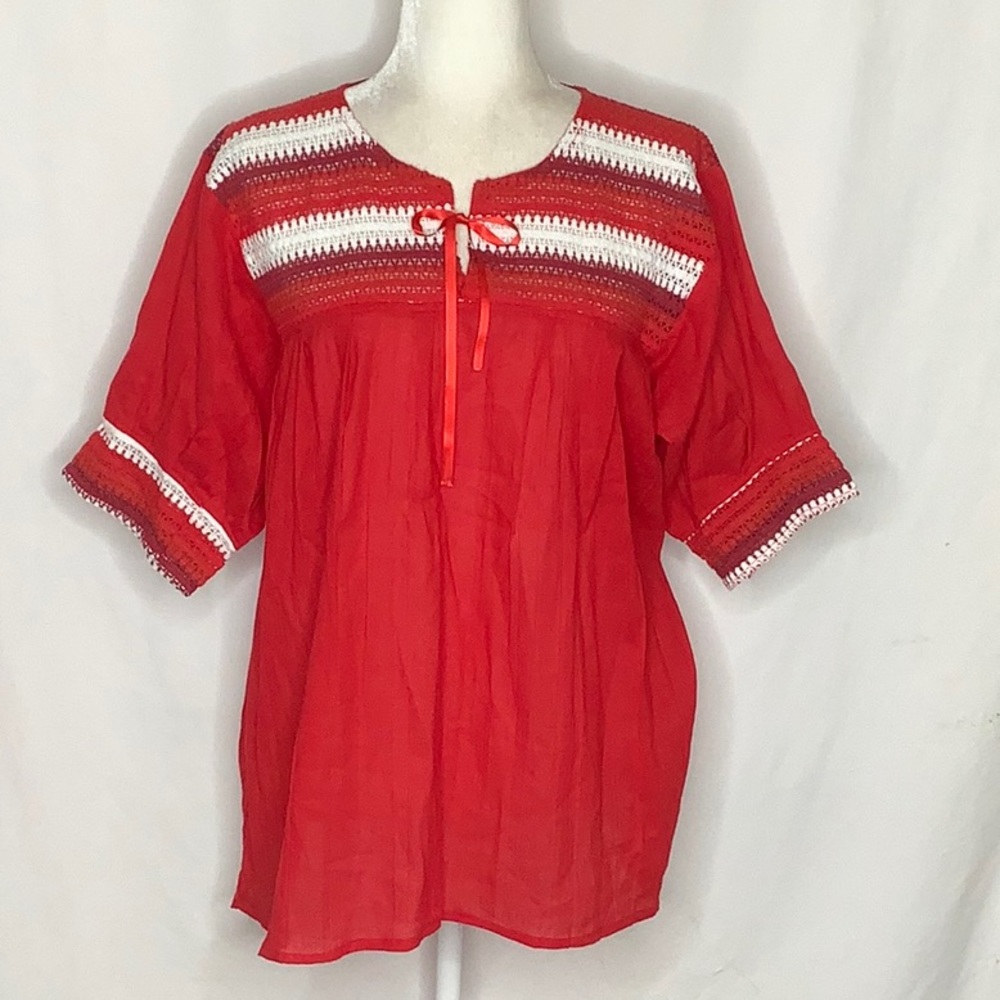 Red Crochet Boho Mexican Blouse Size L